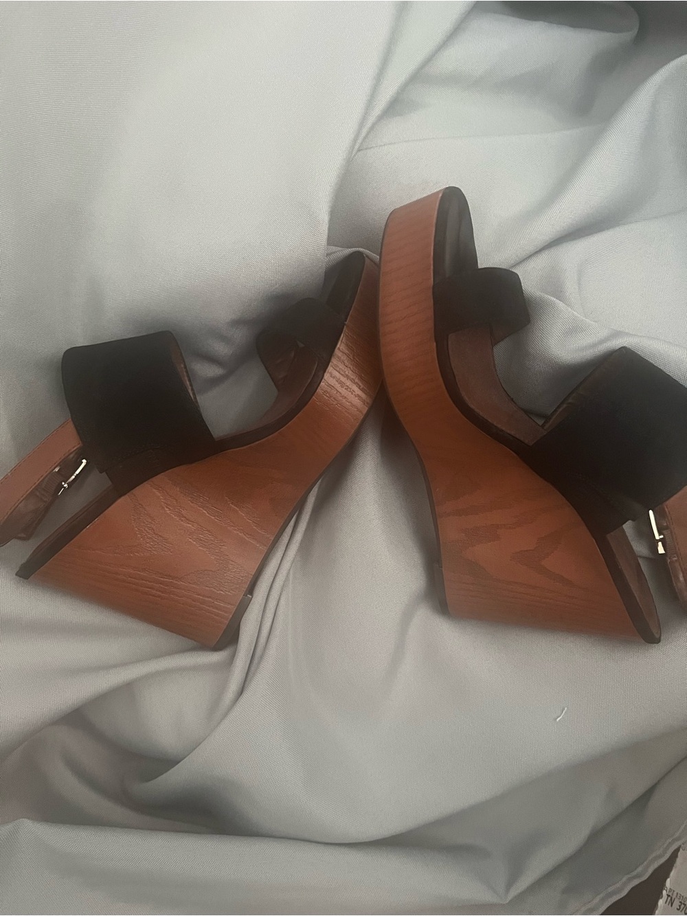 Vince Camuto Black Suede Block Heel Sandals with Brown Footbed
